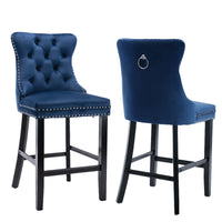 4X Velvet Bar Stools with Studs Trim Wooden Legs Tufted Dining Chairs Kitchen