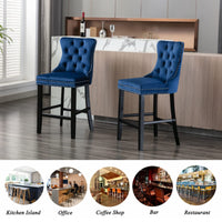 4X Velvet Bar Stools with Studs Trim Wooden Legs Tufted Dining Chairs Kitchen