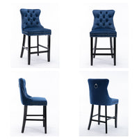 6X Velvet Bar Stools with Studs Trim Wooden Legs Tufted Dining Chairs Kitchen