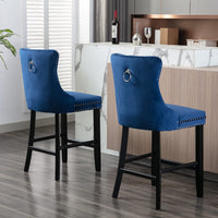 2X Velvet Bar Stools with Studs Trim Wooden Legs Tufted Dining Chairs Kitchen