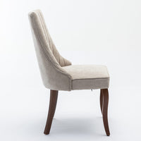 2x Fabric Channel Tufted Dining Chairs with Curved Wood Legs -Beige