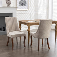 2x Fabric Channel Tufted Dining Chairs with Curved Wood Legs -Beige