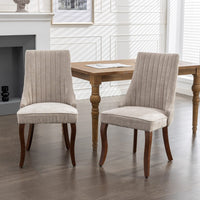 2x Fabric Channel Tufted Dining Chairs with Curved Wood Legs -Beige