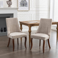 2x Fabric Channel Tufted Dining Chairs with Curved Wood Legs -Beige