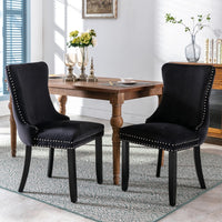 4x Velvet Upholstered Dining Tufted Chairs with Studs Trim and Solid Wood Legs-Black