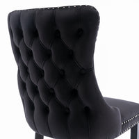 4x Velvet Upholstered Dining Tufted Chairs with Studs Trim and Solid Wood Legs-Black