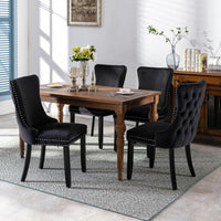 8x Velvet Upholstered Dining Tufted Chairs with Studs Trim and Solid Wood Legs-Black