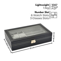 GOMINIMO 6-Slot Watch Box with 3-Slot Eyeglasses PU Leather Display Case (Black)