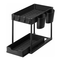 GOMINIMO 2 Packs 2-Tier Under Sink Organizer Shelf with 8 Hanging Hooks and 2 Cup Holders (Black) GO-USO-102-NE