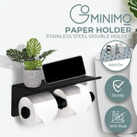 GOMINIMO Stainless Steel Double Toilet Roll Holder Paper with Shelf Wall Mounted Black