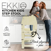 EKKIO Folding Kitchen Kids Step Stool with Chalkboard - Bear Ear design (Wood Color) EK-KSS-101-LFA