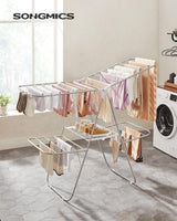 SONGMICS Foldable 2-Level Large Clothes Drying Rack with Adjustable Wings 33 Drying Rails and Clips Silver and White LLR053W01