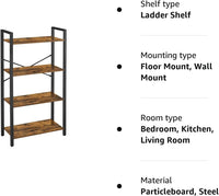 VASAGLE 4-Tier Bookshelf Storage Rack with Steel Frame for Living Room Office Study Hallway Industrial Style Rustic Brown and Black