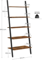 VASAGLE Industrial Ladder Shelf 5-Tier Bookshelf Rack Wall Shelf for Living Room Kitchen Office Stable Steel Leaning Against the Wall Rustic Brown and Black