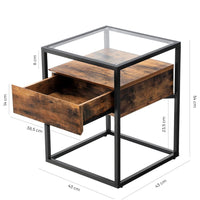 VASAGLE Side Table Tempered Glass End Table with Drawer and Shelf Rustic Brown and Black