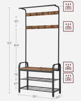 VASAGLE Coat Rack Hall Tree with Shoe Bench 3-in-1 Design Rustic Brown and Black