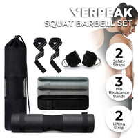 VERPEAK Barbell Squat Pad set,2 Safety Straps, 3 Hip Resistance Bands, 2 Lifting Strap, Barbell Pad and Bag (Black)VP-BSPS-100-MD
