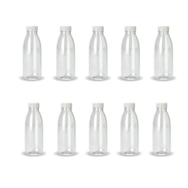 10x 300ml PET Juice Bottles + Tamper Evident Caps - Empty Plastic Recyclable Clear