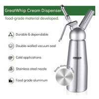 Cream Whipper Dispenser 250ml + 50x NO2 Chargers - Aluminium Canister + Nozzles