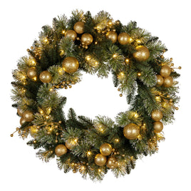 Christabelle 61cm Christmas Wreath Glittery Tipped with LED Lights and Golden Baubles Front Door Decoration Ornament