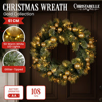 Christabelle 61cm Christmas Wreath Glittery Tipped with LED Lights and Golden Baubles Front Door Decoration Ornament