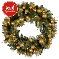 Christabelle 76cm Christmas Wreath Glittery Tipped with LED Lights and Golden Baubles Front Door Decoration Ornament