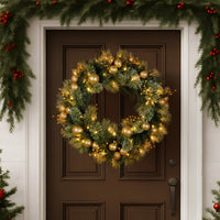 Christabelle 76cm Christmas Wreath Glittery Tipped with LED Lights and Golden Baubles Front Door Decoration Ornament