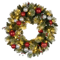 Christabelle Stunning 61cm Christmas Wreath with LED Lights Baubles Berries Red Silver Front Door Decoration