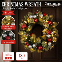 Christabelle Stunning 61cm Christmas Wreath with LED Lights Baubles Berries Red Silver Front Door Decoration