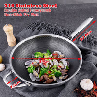 316 Stainless Steel 32cm Non-Stick Stir Fry Cooking Kitchen Wok Pan without Lid Honeycomb Double Sided