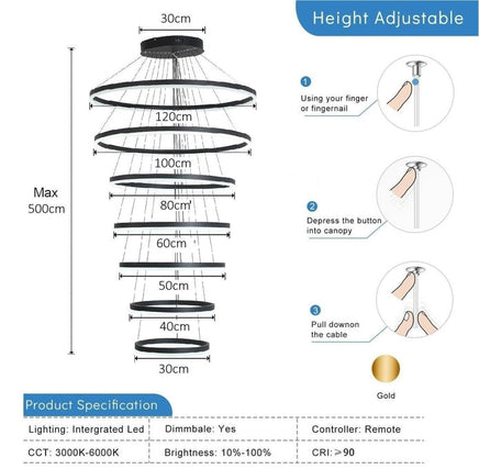 BAMDECOR A18815 Nordic Home Decor Dining Room Pendant lamp lights Ceiling Lamp Hanging Light Chandelier Lamps (7 Rings-Black)
