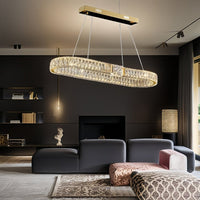 BAMDECOR C3319 Modern Linear Crystal Chandeliers Lighting Fixtures Contemporary Round Chandelier Lighting Fixtures Crystal Pendant Ceiling Lights(Gold-Oval 100cm)