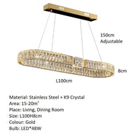 BAMDECOR C3319 Modern Linear Crystal Chandeliers Lighting Fixtures Contemporary Round Chandelier Lighting Fixtures Crystal Pendant Ceiling Lights(Gold-Oval 100cm)