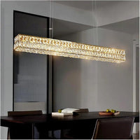 BAMDECOR C3332/L Linear Luxury Crystal Chandelier Modern LED Crystal Chandelier LED Ring Pendant Light Stainless Steel Ceiling Lamp Hanging Lights,for Dining Living Room (Gold)