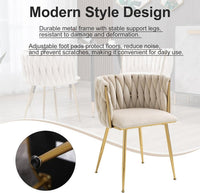 SERENITà Ivory Modern Hand Weaving Dining Chairs,Velvet Upholstered Side Chairs with Gold Legs, Chic Vanity Chairs with Armrest, Accent Chair for Dining Room, and Cafe Set of 2