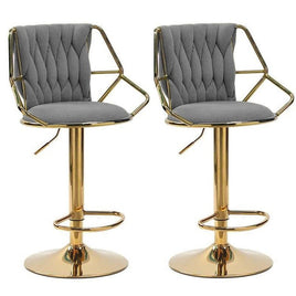 2x Height Velvet Padded Golden Round Base Barstools Chairs with Backrest and Footrest -GREY