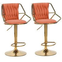 2x Height Velvet Padded Golden Round Base Barstools Chairs with Backrest and Footrest -ORANGE