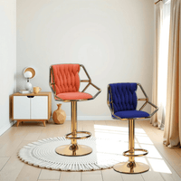 2x Height Velvet Padded Golden Round Base Barstools Chairs with Backrest and Footrest -ORANGE