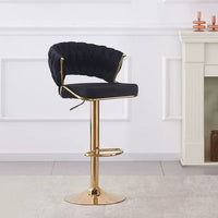 2x Height Black Velvet Padded Golden Round Base Barstools Chairs