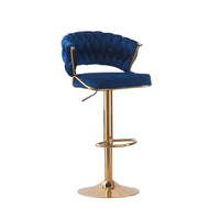 2x Height Blue Velvet Padded Golden Round Base Barstools Chairs