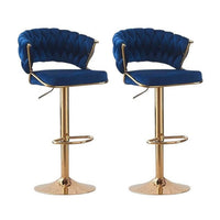 2x Height Blue Velvet Padded Golden Round Base Barstools Chairs