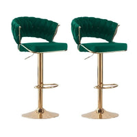 2x Height Green Velvet Padded Golden Round Base Barstools Chairs