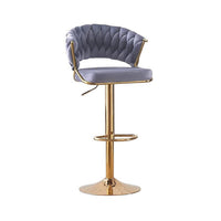 2x Height Grey Velvet Padded Golden Round Base Barstools Chairs