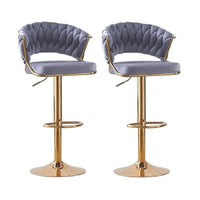 2x Height Grey Velvet Padded Golden Round Base Barstools Chairs