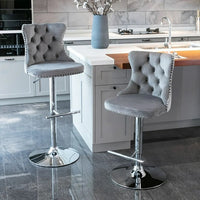 Gray Velvet Bar Stools Adjustable Swivel Counter Height Chairs with Tufted Back and Nailhead Trim for Kitchen Island Pub Restaurant (2Pcs, Chrome Metal, Grey)