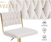 2x Velvet Bar Stools with Braided Back Elegant Kitchen High Chairs, Kitchen Island Stools Adjustable Height Swivel Bar Chairs with Gold Legs for Home-White