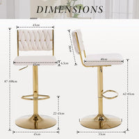 2x Velvet Bar Stools with Braided Back Elegant Kitchen High Chairs, Kitchen Island Stools Adjustable Height Swivel Bar Chairs with Gold Legs for Home-White