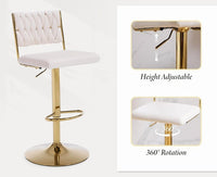 2x Velvet Bar Stools with Braided Back Elegant Kitchen High Chairs, Kitchen Island Stools Adjustable Height Swivel Bar Chairs with Gold Legs for Home-White
