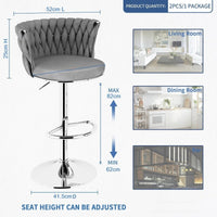 Modern Silver Swivel Upholstered Velvet Adjustable Height Counter Stool with Metal Frame Grey (Set of 2)