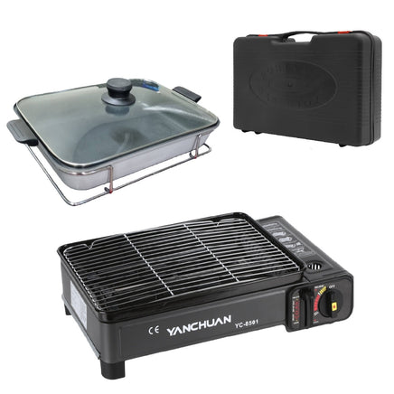 Portable Gas Stove Burner Butane BBQ Camping Gas Cooker With Non Stick Plate Black with Fish Pan and Lid